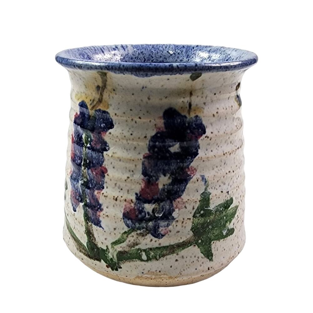 VTG Hand Thrown Pottery Pot White Speckle Purple Floral Vase Jar Hand Painted